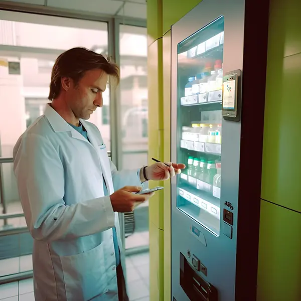 médico en maquina expedendedora con vending control