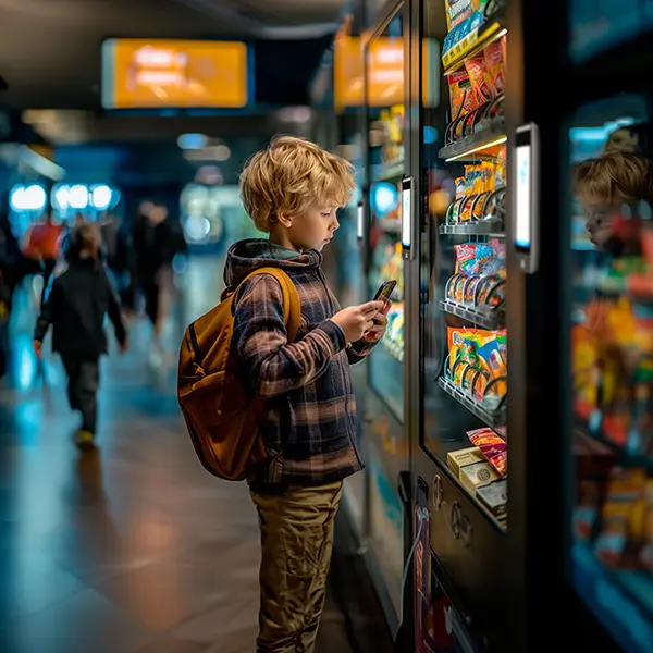niño consumiendo en maquina expedendedora en colegio con vending control